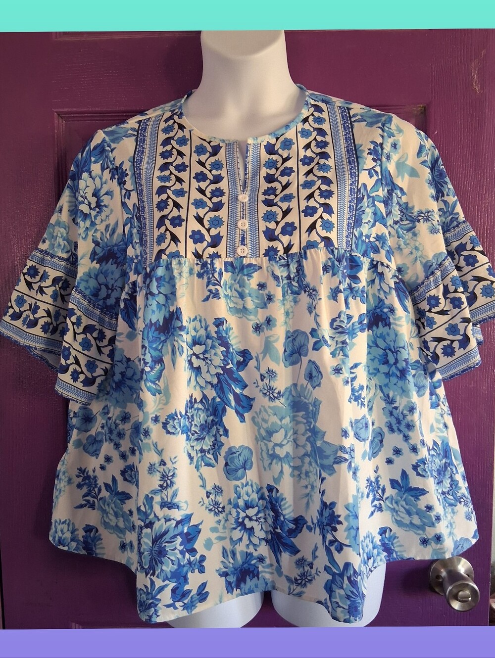 Blue Floral Peasant Top - Women's Blue/White